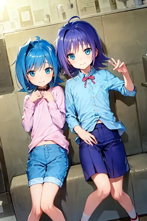((best quality, high_resolution, distinct_image)), <lora:Aichi-17:1.1>, sendou aichi, otoko no ko, ahoge, smile, {{cafe work clothes}}, pink shirt, {{blue shorts}}, flat chest:1.4,