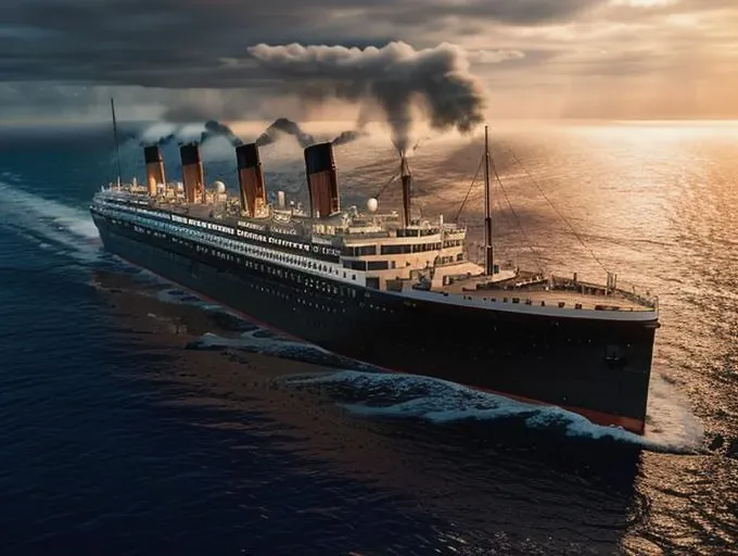 1 cruise ship in (storm) in the ocean with white cliffs in the background, fog, smoke, 4k res, 8k, higly detailed textures, cinematic shot, intricate details, side view, sunset, titanic <lora:Titanicus:0.8>