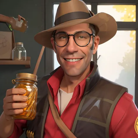 high quality, masterpiece, 1man, sniper, red shirt,vest, hat, glasses, holding, jar in hand, a jar of yellow transparent liquid, shiny, reflective glass,  extremely detailed, medium shot, smiling, looking at camera, winking, <lora:sniperlorav2:.7>