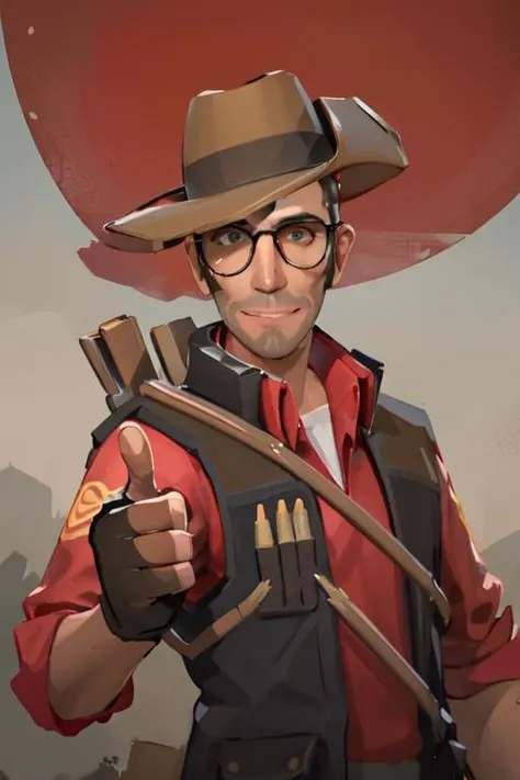 masterpiece, solo, half-length portrait, upper body, tf2sniper, red team, glasses, facial hair, cowboy hat, single glove, red shirt, grey pants, single glove, fingerless gloves, detailed background, outdoors, smiling, looking at viewer, Australia, thumbs up, <lora:sniperlorav2:0.8>