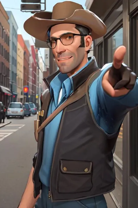 masterpiece, solo, half-length portrait, upper body, tf2sniper, blue team, glasses, facial hair, cowboy hat, single glove, blue shirt, blue pants, single glove, detailed background, outdoors, smiling, looking at viewer, thumbs up, <lora:sniperlorav2:0.8>