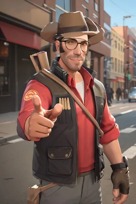 masterpiece, solo, half-length portrait, upper body, tf2sniper, red team, glasses, facial hair, cowboy hat, single glove, red shirt, grey pants, single glove, fingerless gloves, detailed background, outdoors, smiling, looking at viewer, thumbs up, <lora:sniperlorav2:0.8>
