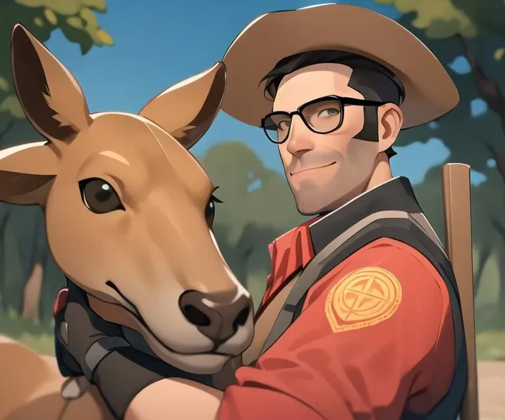 masterpiece, solo, half-length portrait, upper body, tf2sniper, red team, glasses, facial hair, cowboy hat, single glove, red shirt, grey pants, detailed background, outdoors, smiling, looking at viewer, riding a kangaroo, <lora:sniperlorav2:0.8>
