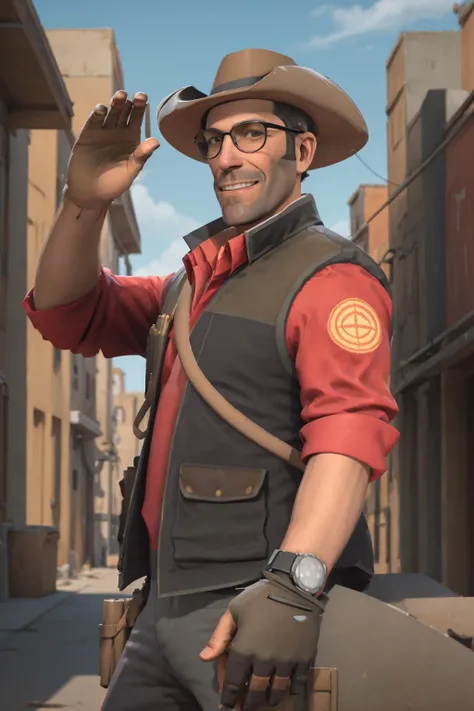 masterpiece, solo, half-length portrait, upper body, tf2sniper, redteam, glasses, facial hair, cowboy hat, single glove, red shirt, grey pants, detailed background, outdoors, smiling, waving, looking at viewer, <lora:sniperlorav2:0.8>