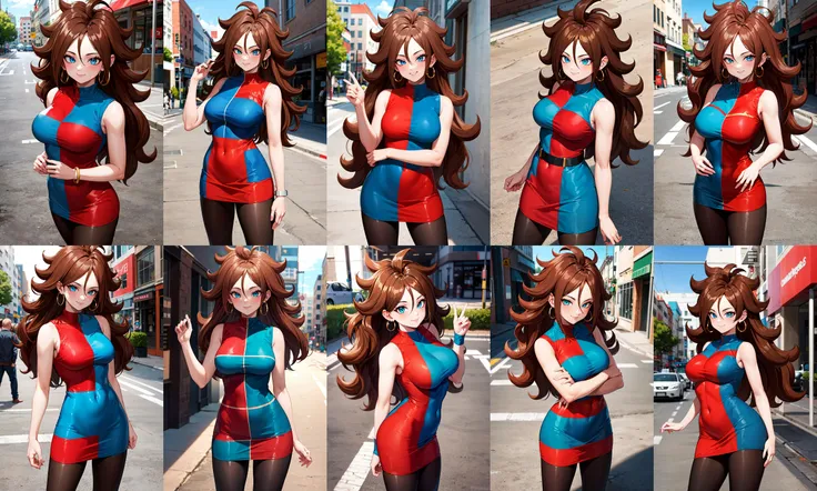 masterpiece, best quality, highres, aaandro, brown hair, long hair, curly hair, blue eyes, hoop earrings, two-tone dress, checkered dress, sleeveless, black pantyhose, dragon ball, <lora:android_21_v1:0.7>, street, cowboy shot, standing, smile