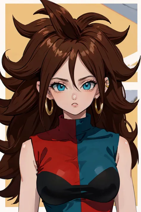 <lora:android_21_v1:1> aaandro, brown hair, long hair, curly hair, blue eyes, hoop earrings, two-tone dress, checkered dress, sleeveless, black pantyhose, dragon ball,
 (best quality, masterpiece, RAW photo,ultra-detailed:1.2), <lyco:GoodHands-beta2:1.0>,1girl,solo,looking at viewer,