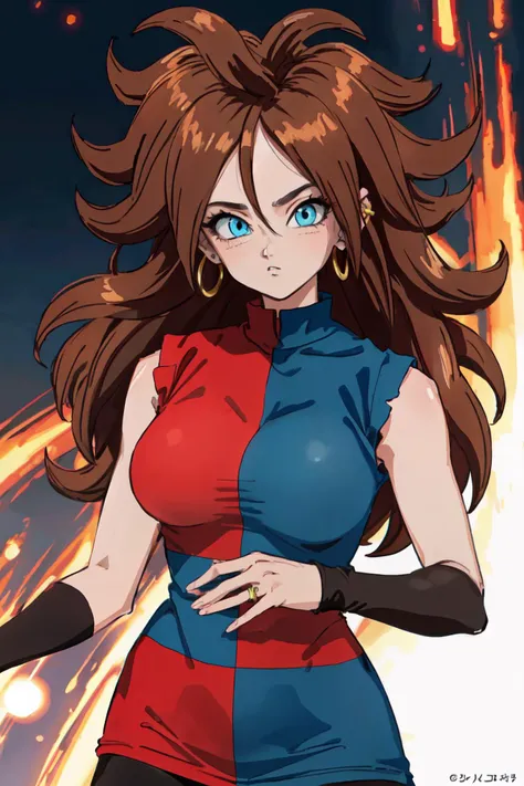 <lora:android_21_v1:1> aaandro, brown hair, long hair, curly hair, blue eyes, hoop earrings, two-tone dress, checkered dress, sleeveless, black pantyhose, dragon ball, large breasts,
 (best quality, masterpiece, RAW photo,ultra-detailed:1.2), <lyco:GoodHands-beta2:1.0>,1girl,solo,looking at viewer,