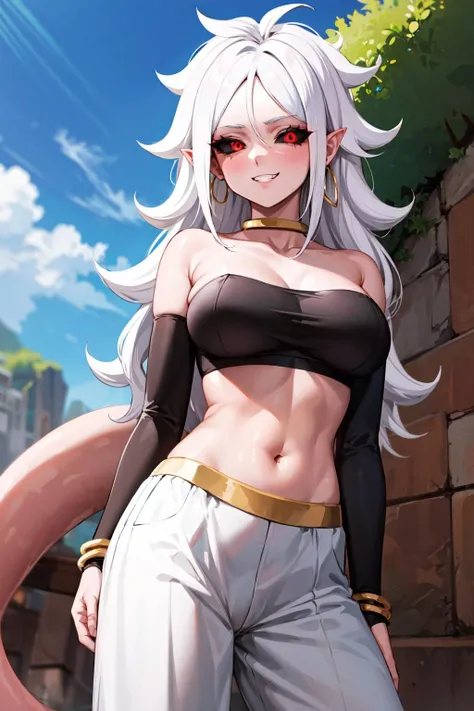 masterpiece, best quality, highres, bbandro, white hair, long hair, messy hair, pointy ears, hoop earrings, red eyes, colored sclera, (black sclera:1.1), pink skin, tail, large breasts, bare shoulders, strapless, detached sleeves, bracelet, midriff, harem pants, white pants, dragon ball, <lora:android_21_v1:0.7>, <lyco:coloredSclera-000010:0.7>, cowboy shot, standing, outdoors, evil grin,