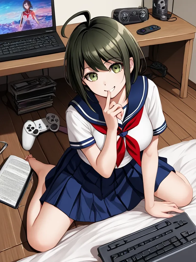 realistic, real, real*,
girl, komaru naegi ,ort hair, dark green hair ,brown hair, (ahoge), serafuku, white shirt, blue sailor collar, red neckerchief, blue skirt, large breasts,green eyes, 1finger in mouth ,smiling, , ,, looking at viewer, leening on bed, game controller, ,wooden floor, keyboard (computer), , disposable cup, , phone, laptop, , cellphone, controller,bed, messy room,TV,
<lora:Komaru_Naegi:0.8>
