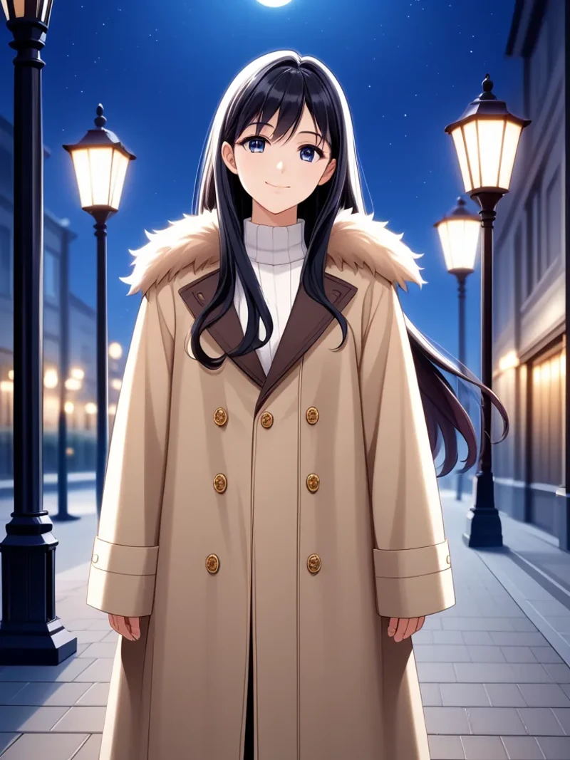 official art, unity 8k wallpaper, ultra detailed, beautiful and aesthetic, masterpiece, best quality,,  
1girl, solo, , cowboy shot, (depth of field:1.2), (night), (long coat), downtown, (street light:1.1), (Fantastic lighting), looking at viewer, black hair, long hair, [smile], (Closed mouth), best quality, 4K, ultra detailed CG, highres, source_anime, newest,,