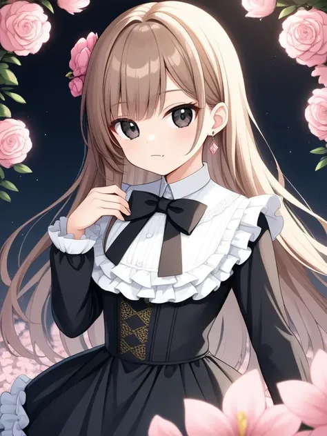 1girl, black bow, black bowtie, black dress, black eyes, black ribbon, bow, bowtie, brown hair, closed mouth, dress, earrings, fang, flower, frilled dress, frills, hand up, jewelry, light blue hair, long hair, long sleeves, looking at viewer, neck ribbon, pink flower, ribbon, solo, upper body