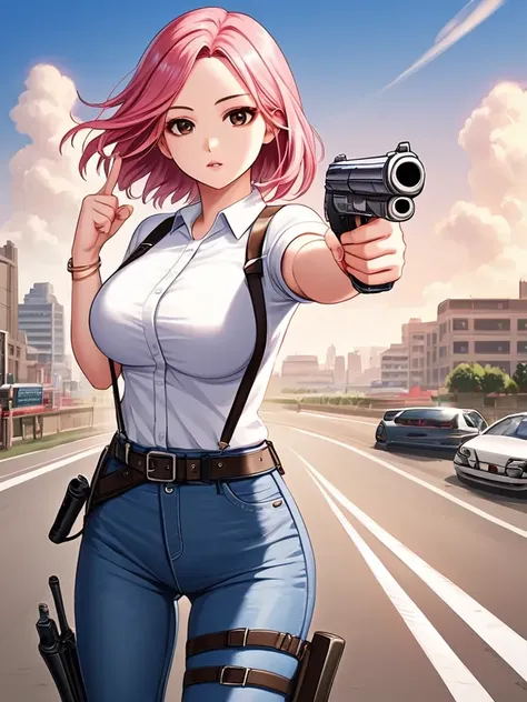 weapon, gun, car, pants, outdoors, shirt, looking at viewer, motor vehicle, 1girl, pink hair, holding, breasts, holding weapon, jewelry, belt, holster, parted lips, day, handgun, building, holding gun, white shirt, bracelet, collared shirt, ground vehicle, solo focus, short sleeves, blue pants, pointing at viewer, short hair, road, pointing, sky, city, jeans, bangs, aiming at viewer, street, dress shirt, brown eyes, lips, cowboy shot, standing, denim, large breasts, thigh strap, medium hair, fingernails, cloud, blue sky, parted bangs, suspenders, thigh holster, 
<lora:PD6B(Any-DoK+02_05e1_U_D4A2)ProDG3ep2bt:01>