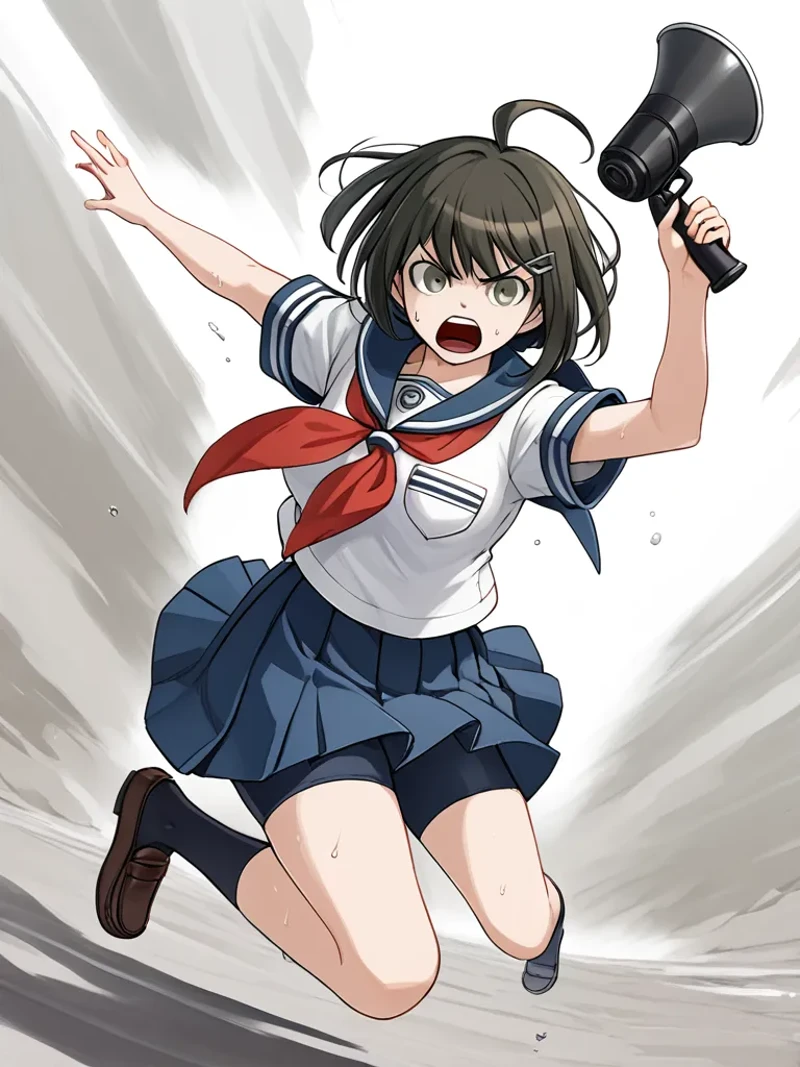 1girl, holding, megaphone, solo, school uniform, brown hair, serafuku, short hair, skirt, open mouth, socks, shoes, kneehighs, upper body, bangs, looking at viewer, holding, teeth, sailor collar, shirt, upper teeth only, :o, breasts, loafers, running, pleated skirt, full body, black socks, sweat, green eyes, brown eyes, grey eyes, shadow, neckerchief, jumping, blue skirt, short sleeves, looking at viewer, black hair, falling, ahoge, brown footwear, shouting, teeth, legs, foreshortening, shirt, bangs, single shoe, uniform, purple eyes, sailor collar, black eyes, white shirt, red neckerchief, arm up, miniskirt, long hair, :o, angry, hairclip, medium hair, bob cut, hair ornament, blue eyes, shoe dangle, blue sailor collar, outstretched arm, outstretched arms, v-shaped eyebrows, floating hair, silhouette, breasts, Perspective, paper, ribbon, bike shorts,
<lora:Komaru_Naegi:0.8>