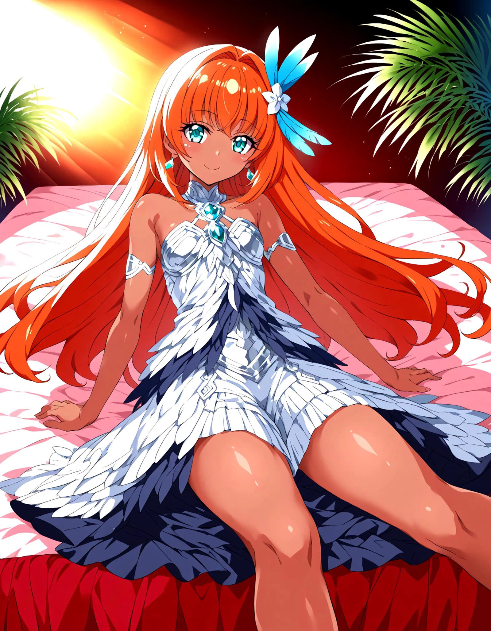 source_anime, pri dream cure pixiv illustration, 1girl, dark skin, wearing iridescent metallic feather dress, feather trimmed skirt, light smile, cinematic lighting, lying on bed in tropical resort, gradient background, teal and orange light rays effect, thick line, global illumination, perfect female proportion, perfect anatomy, masterpiece, <lora:sd_xl_dpo_lora_v1-128dim:0.5>, <lora:offset_0.2:0.1>,<lora:Hyper-SDXL-12steps-CFG-lora_rank1:1>, <lora:mesugaki_Pony_v1:0.7>, <lora:0686 metallic feather dress_v1_pony:0.9>