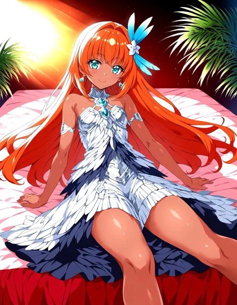 source_anime, pri dream cure pixiv illustration, 1girl, dark skin, wearing iridescent metallic feather dress, feather trimmed skirt, light smile, cinematic lighting, lying on bed in tropical resort, gradient background, teal and orange light rays effect, thick line, global illumination, perfect female proportion, perfect anatomy, masterpiece, <lora:sd_xl_dpo_lora_v1-128dim:0.5>, <lora:offset_0.2:0.1>,<lora:Hyper-SDXL-12steps-CFG-lora_rank1:1>, <lora:mesugaki_Pony_v1:0.7>, <lora:0686 metallic feather dress_v1_pony:0.9>