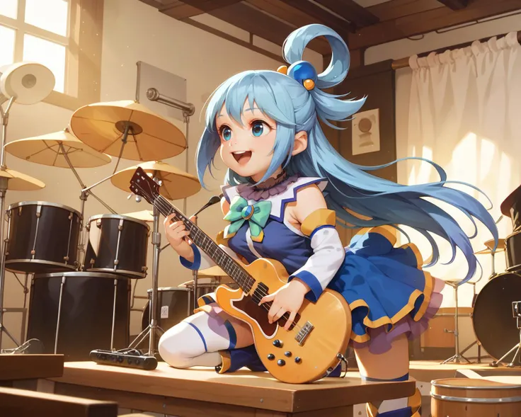 ,,on stage,guitar,smiling, open mouth, , aqua \(konosuba\), drum set, <lora:alkemanubis_style_pony6_v3:0.8>, score_9, score_8_up,score_7_up,score_6_up,