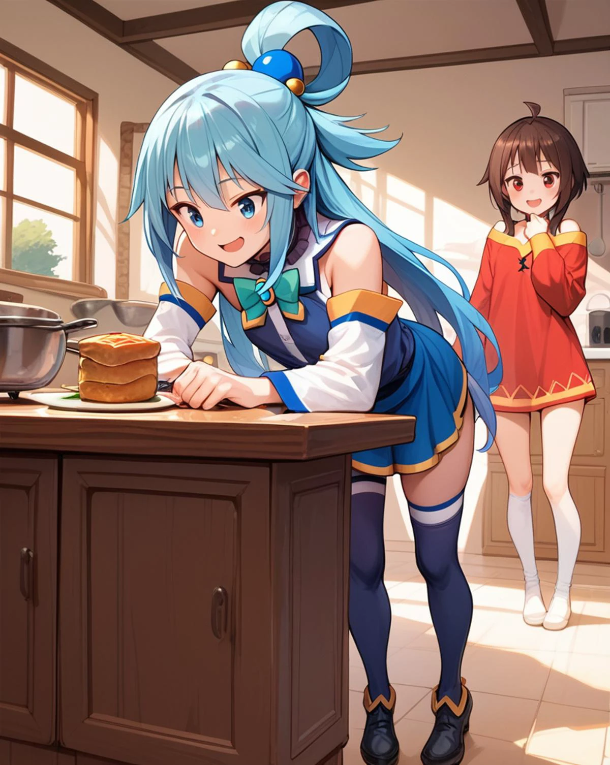 ,2girls,kitchen, ,evil smile, ,aqua \(konosuba\), megumin ,table ,, score_9, score_8_up,score_7_up,score_6_up,