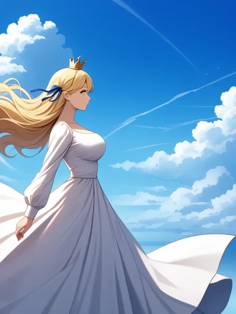 multiple girl, 2girl, beautiful and aesthetic, profile,,  
1girl, solo, blonde hair, hair ribbon, crown, white dress, long dress, long sleeves, large breasts, profile, looking at you, smile, blue sky, clouds, wind,