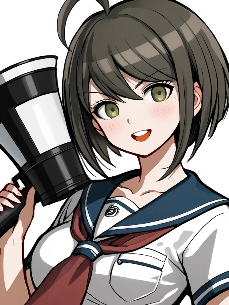 realistic, real, real*,
megaphone, 1girl, solo, short hair, brown hair, ahoge, open mouth, school uniform, brown eyes, collarbone, serafuku, upper body, bangs, looking at viewer, holding, teeth, sailor collar, shirt, upper teeth only, :o, breasts, white shirt, blue sailor collar,blush, green eyes, neckerchief, medium breasts, short sleeves, outline, red neckerchief, shiny hair, large breasts, shiny, round teeth, portrait, swept bangs, white outline, dutch angle, breast pocket, necktie, pocket, hand up, long sleeves, head tilt, smile, grey shirt, sketch, v-shaped eyebrows, bob cut, red necktie, shadow, purple neckerchief, buttons, close-up, hair between eyes, collared shirt, uniform, sailor shirt, eyelashes,
<lora:Komaru_Naegi:0.8>