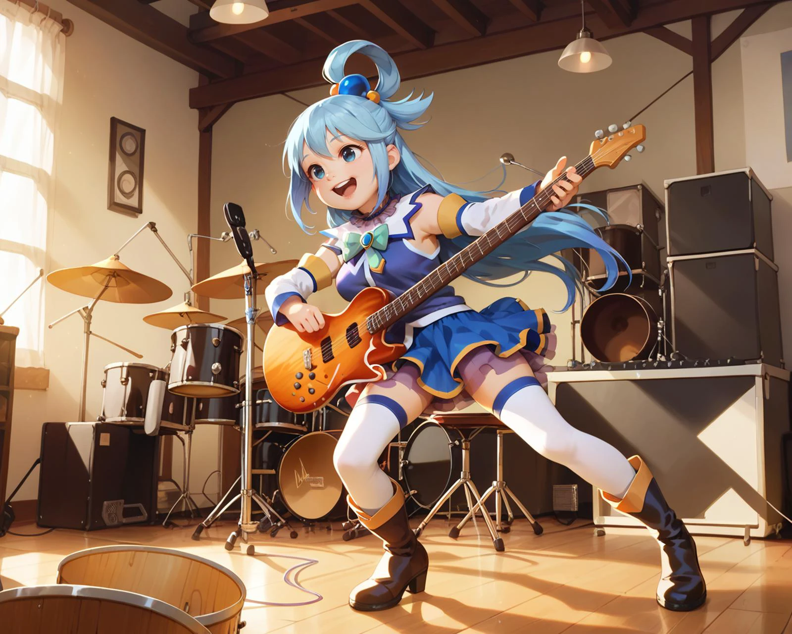 ,,on stage,guitar,smiling, open mouth, , aqua \(konosuba\), drum set, <lora:alkemanubis_style_pony6_v3:0.8>, score_9, score_8_up,score_7_up,score_6_up,