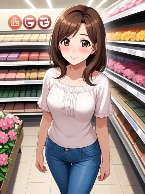 extremely detailed, dynamic angle, 8K,,  
best quality, high quality, 1girl, cute, pretty, smile, long Brown hair, Brown eyes, looking at viewer, Medium breasts, perfect breasts, Clear and beautiful skin, embarrassing, blush, raised pubic bone, swelling of the pubic bone, blouse, jeans, pumps, flower shop, Looking at the flowers in front of the flower shop, Full of flowers,,