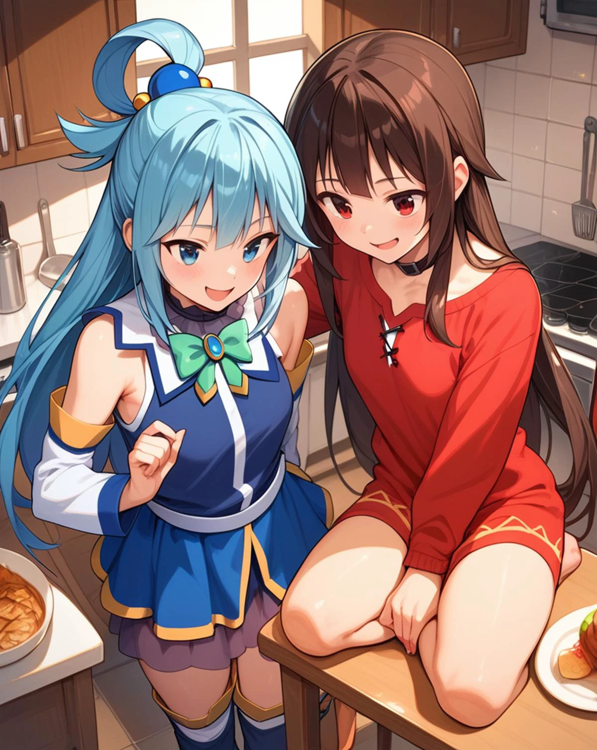 ,2girls,kitchen, ,evil smile, ,aqua \(konosuba\), megumin ,table ,, score_9, score_8_up,score_7_up,score_6_up,