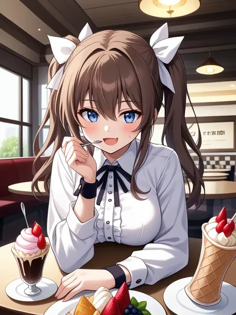 multiple girl, 3+girl, absurdres, ultra detailed, feet out of frame,,  
1girl, blue eyes, blush, looking at viewer, solo, open mouth, breasts, hair bow, white shirt, hold, holding spoon, brown hair, smile, restaurant, long hair, white bow, indoors, table, collared shirt, incoming food, parfait, sitting, ice cream, pov across table, ribbon, fang, breast rest, hair between eyes, upper body, breasts on table, sweatdrop, neck ribbon, :d, pov, twintails, frills, long sleeves, feeding, lace trim, black ribbon, menu, hair ribbon, sundae, white ribbon, wristband, skin fang, hair over shoulder, cup, dessert, masterpiece, best quality, very aesthetic, absurdres,,