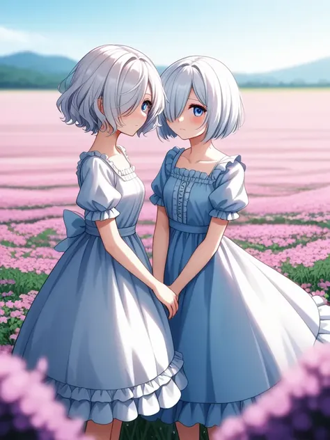 multiple girl, 2girl, beautiful and aesthetic, profile,,  
cute 1girl, white hair, messy bob cut, blue eyes, jitome, blush, shy, (hair over one eye), standing in a flower field, frilled dress, blurry, (depth of field:1.1), beautiful twilight sky, warm lighting, (Ephemeral Glow), looking at viewer, fluttering petals, serenity,,