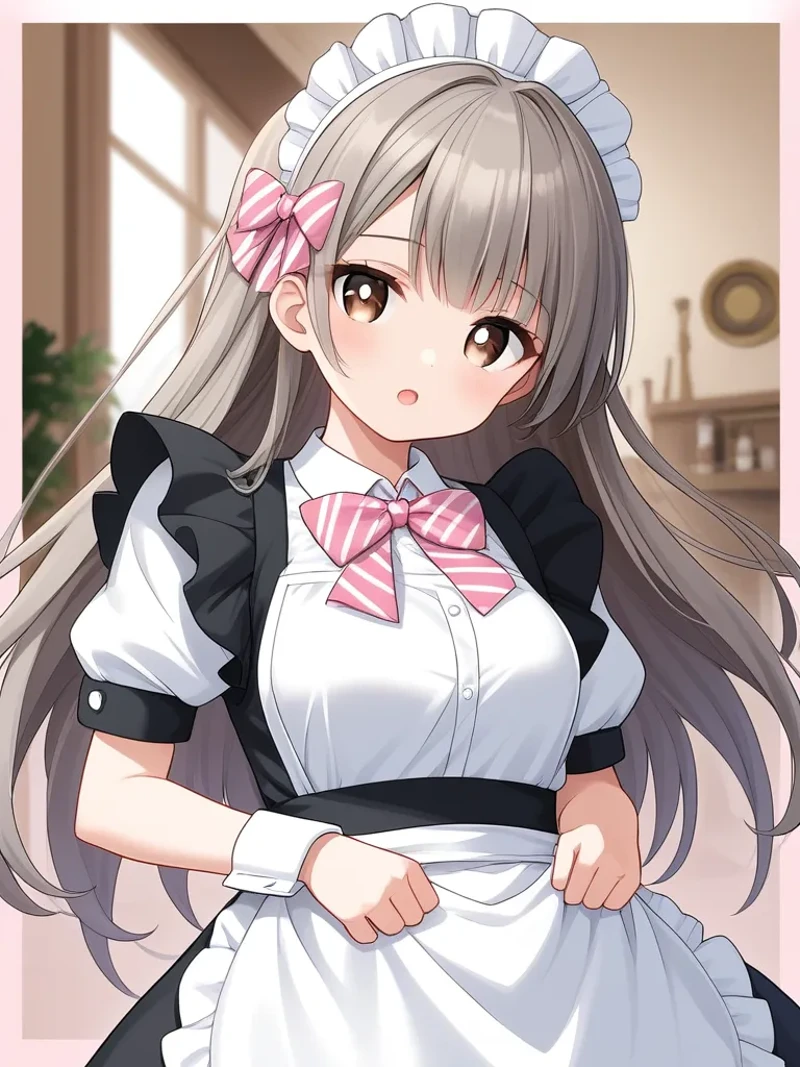 1girl, animal, apron, border, bow, bowtie, brown eyes, brown hair, collared shirt, dress, dress shirt, enmaided, frilled dress, frills, grey hair, heart, long hair, looking at viewer, maid, maid apron, maid headdress, open mouth, pink bow, pleated dress, puffy short sleeves, puffy sleeves, shirt, short sleeves, solo, striped, striped bow, upper body, white apron, white pupils, white shirt