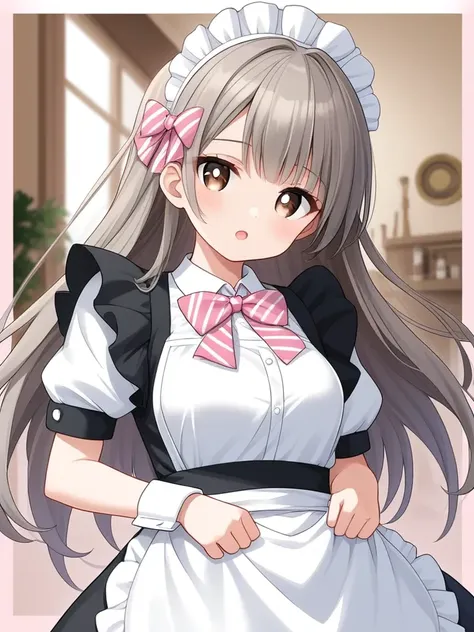 1girl, animal, apron, border, bow, bowtie, brown eyes, brown hair, collared shirt, dress, dress shirt, enmaided, frilled dress, frills, grey hair, heart, long hair, looking at viewer, maid, maid apron, maid headdress, open mouth, pink bow, pleated dress, puffy short sleeves, puffy sleeves, shirt, short sleeves, solo, striped, striped bow, upper body, white apron, white pupils, white shirt