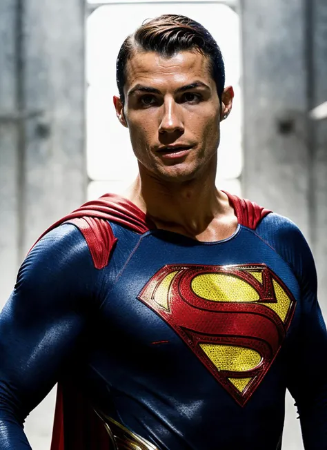photo of sks person as superman cristianoronaldo-ti <lora:lora-small-cristiano-ronaldo-v1:0.2> <lora:locon_cristianoronaldo_v1_from_v1_64_32:0.3>, natural lighting, superman costume ((superman))