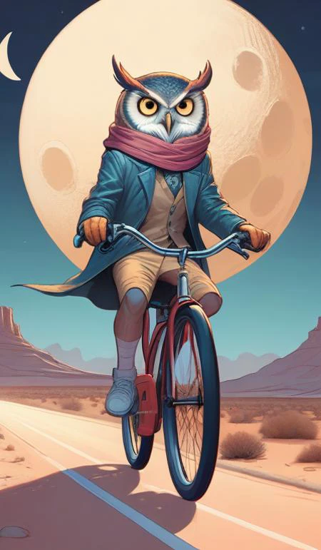 a cell shaded cartoon owl riding a bicycle, with a big head, on a desert road, wide shot, in front of a big moon, muted colors, post grunge, josan gonzales, wlop, by james jean, victor ngai, hq, deviantart, art by artgerm