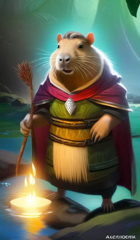 Capybara Shapeshifter Druid Mage, D&D, artstation, fantasy, magic the gathering artwork, cinematic lighting, centered, symmetrical, highly detailed, digital painting, , concept art, smooth, sharp focus, illustration, volumetric lighting, epic Composition, 8k, art by Akihiko Yoshida and Greg Rutkowski and Craig Mullins, oil painting, cgsociety