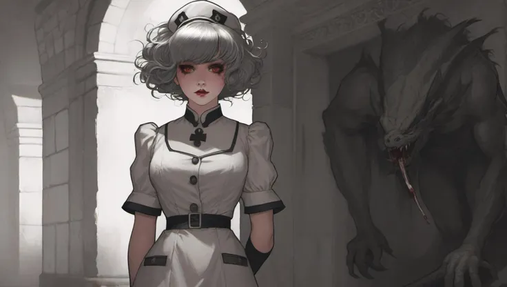 beautiful, (linework:1.1), high contrast,1 girl, adult welsh woman, jade eyes, gray shaggy hair, (simple background:1.2), faded colors,(propaganda style:1.1),(1910s, ww1 nurse:1.1), sexy offshoulder uniform, military, standing, garter straps,(open mouth:0.5),, dark , creepy , blood , monsters , by Jason Engle , Carlos Huante , Charlie Bowater , Simon Lee , Brom, vintage, pixelated, scanlines, halftone, by Paul Robertson, Henk Nieborg, Valenberg, Octavi Navarro, Mark Ferrari, magic , dragons , elves , castles , by Donato Giancola , Ruan Jia , Kekai Kotaki , Magali Villeneuve , Even Mehl Amundsen