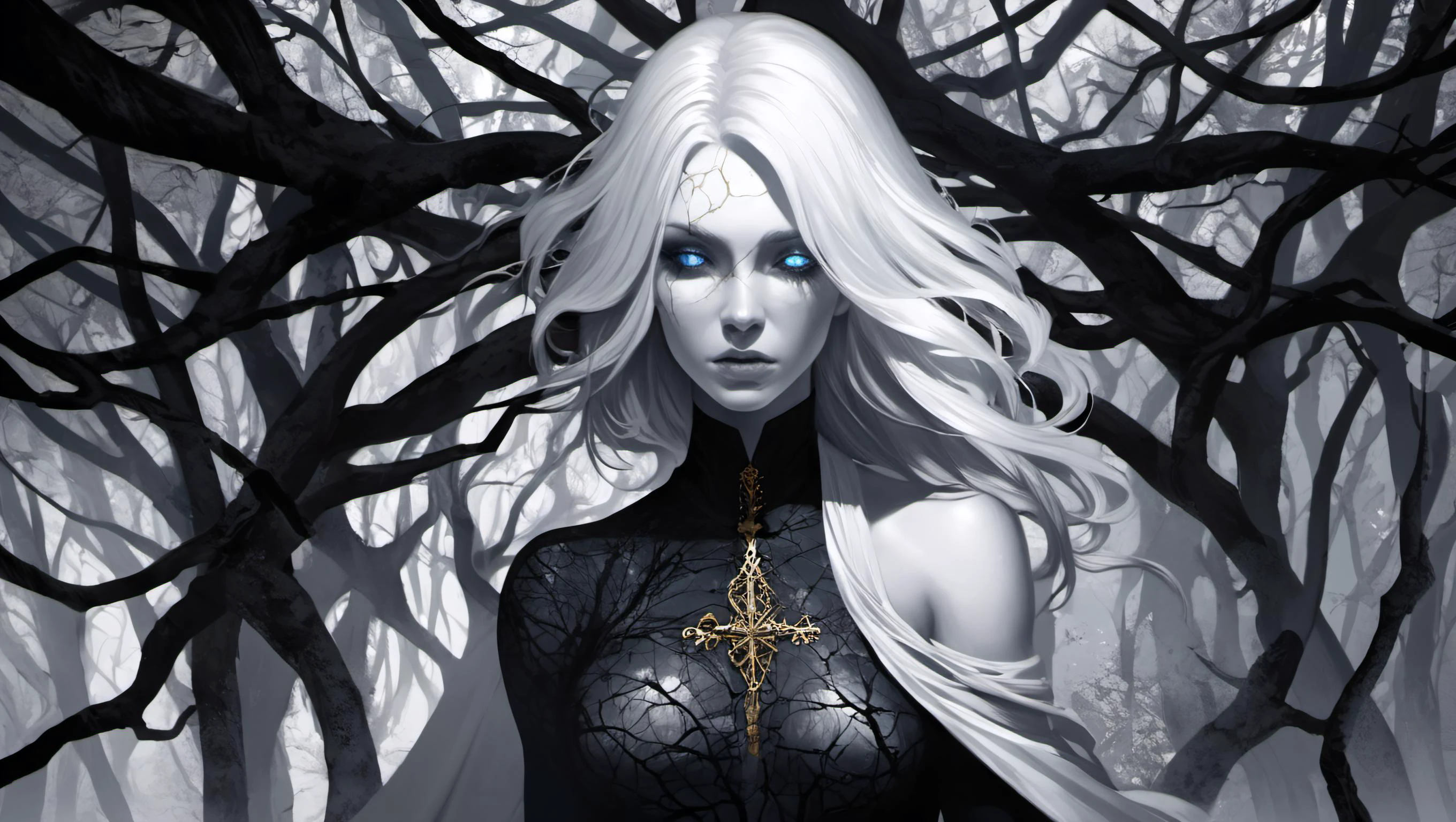 woman in a mythical forest, masterpiece, perfect face, intricate details, horror theme , cracked skin, flower, no humans, rose, portrait, crack, petals, white skin, white hair, blue eyes, gold, shattered,, dark , creepy , blood , monsters , by Jason Engle , Carlos Huante , Charlie Bowater , Simon Lee , Brom, (Noir), black and white , detective , crime , mystery