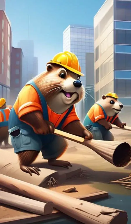 digital hyperrealism concept art of anthropomorphic beavers as construction builders that building city from sticks
