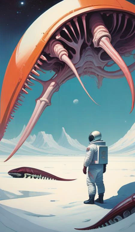 "realistic detailed image of an cosmonaut alone in the tundra next to whale skeleton in the style of Francis Bacon, Surreal, Norman Rockwell and James Jean, Greg Hildebrandt, and Mark Brooks, triadic color scheme, By Greg Rutkowski, in the style of Francis Bacon and Syd Mead and Edward Hopper and Norman Rockwell and Beksinski, open ceiling, highly detailed, painted by Francis Bacon, painted by James Gilleard, surrealism, airbrush, Ilya Kuvshinov, WLOP, Stanley Artgerm, very coherent, art by Takato Yamamoto and James Jean"
abstract dream, space, intricate, grand scale, alone, cinematic film still, insane detail, sharp focus, depth of field, realistic lighting, (realistic perspective), complex, (multiple subjects), 4k HDR,