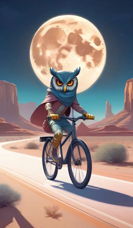 a cell shaded cartoon owl riding a bicycle, with a big head, on a desert road, wide shot, in front of a big moon, muted colors, post grunge, josan gonzales, wlop, by james jean, victor ngai, hq, deviantart, art by artgerm