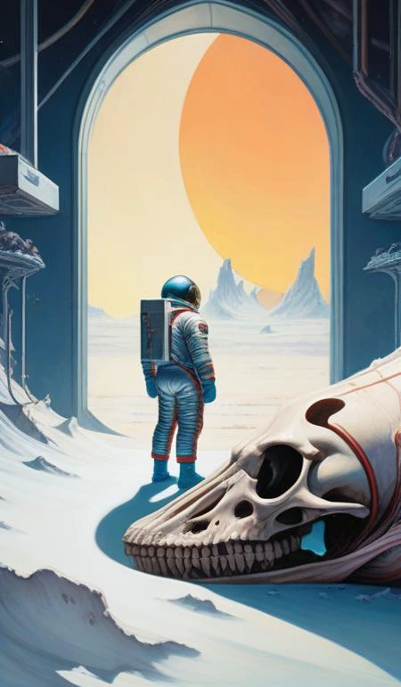 "realistic detailed image of an cosmonaut alone in the tundra next to whale skeleton in the style of Francis Bacon, Surreal, Norman Rockwell and James Jean, Greg Hildebrandt, and Mark Brooks, triadic color scheme, By Greg Rutkowski, in the style of Francis Bacon and Syd Mead and Edward Hopper and Norman Rockwell and Beksinski, open ceiling, highly detailed, painted by Francis Bacon, painted by James Gilleard, surrealism, airbrush, Ilya Kuvshinov, WLOP, Stanley Artgerm, very coherent, art by Takato Yamamoto and James Jean"
abstract dream, space, intricate, grand scale, alone, cinematic film still, insane detail, sharp focus, depth of field, realistic lighting, (realistic perspective), complex, (multiple subjects), 4k HDR,