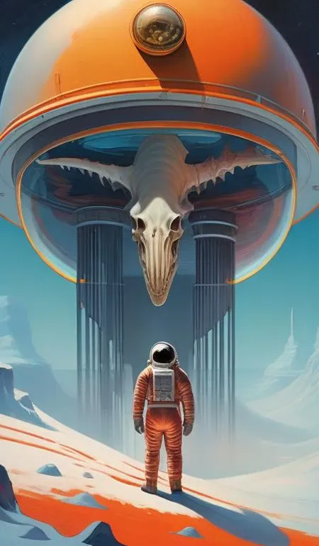 "realistic detailed image of an cosmonaut alone in the tundra next to whale skeleton in the style of Francis Bacon, Surreal, Norman Rockwell and James Jean, Greg Hildebrandt, and Mark Brooks, triadic color scheme, By Greg Rutkowski, in the style of Francis Bacon and Syd Mead and Edward Hopper and Norman Rockwell and Beksinski, open ceiling, highly detailed, painted by Francis Bacon, painted by James Gilleard, surrealism, airbrush, Ilya Kuvshinov, WLOP, Stanley Artgerm, very coherent, art by Takato Yamamoto and James Jean"
abstract dream, space, intricate, grand scale, alone, cinematic film still, insane detail, sharp focus, depth of field, realistic lighting, (realistic perspective), complex, (multiple subjects), 4k HDR,