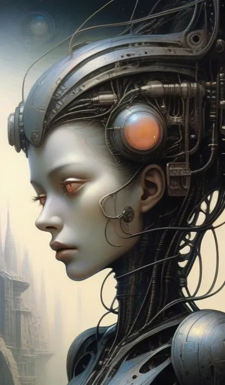 female robot pilot, mechanical creature, electronic wires relays computer nerves, girl face, dystopian surrealism, alex ries zdzisaw beksinski giger, very intricate details, demon chinese female, deep luminous eyes contain galaxies, head contains nebula, deep aesthetic, concept art, carved silver circuits diodes resistors semiconductors, highly ornate