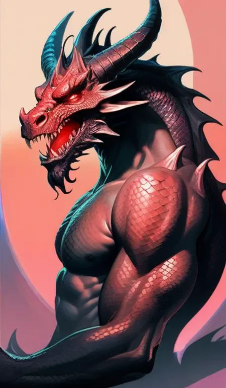 portrait of a beautiful young fit hald - dragon man, dragon head with big horns, partially human scaly torso, dragon tail in place ofthe legs, luminous scene, by greg rutkowski and alphonse mucha, d & d character, gradient red to black, in front of an iridescent fantasy background, highly detailed portrait, digital painting, artstation, concept art, smooth, sharp focus illustration, artstation hq