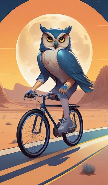 a cell shaded cartoon owl riding a bicycle, with a big head, on a desert road, wide shot, in front of a big moon, muted colors, post grunge, josan gonzales, wlop, by james jean, victor ngai, hq, deviantart, art by artgerm