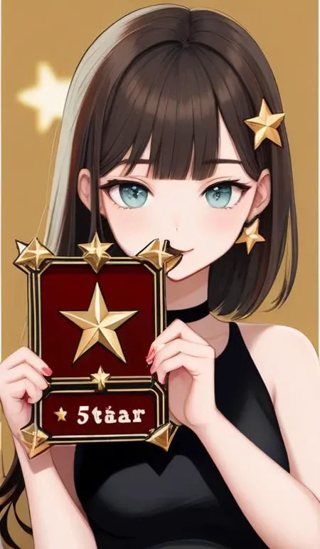 there is a fashion girl holding up a small wooden plaque carved with the word "5 STAR" in the center.