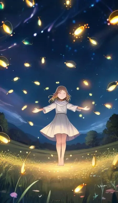 (masterpiece, high res, best quality), 1 girl, priestess, hood, closed eyes,Night, night sky, meadow, surrounded by fireflies, surrounded by small light balls, circled by small light balls, Cheerful smile, holding out hands to catch fireflies, holding out hands to catch light balls, illuminate by small light balls, rainbow colored small light balls, tornado of fireflies