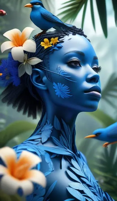 fashion photography portrait of blue human avatar, in blue lush jungle with flowers and birds, 3d render, cgi, symetrical, octane render, 35mm, bokeh, 9:16, (intricate details:1.12), hdr, (intricate details, hyperdetailed:1.15), (natural skin texture, hyperrealism, soft light, sharp:1.2)