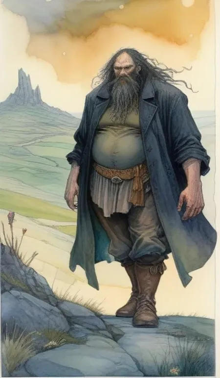 a realistic and atmospheric watercolour fantasy character concept art portrait of a giant fat blackheart stalking the moors of ireland at night. by rebecca guay, michael kaluta, charles vess and jean moebius giraud