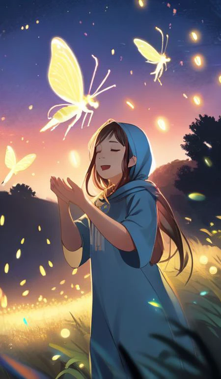 (masterpiece, high res, best quality), 1 girl, priestess, hood, closed eyes,Night, night sky, meadow, surrounded by fireflies, surrounded by small light balls, circled by small light balls, Cheerful smile, holding out hands to catch fireflies, holding out hands to catch light balls, illuminate by small light balls, rainbow colored small light balls, tornado of fireflies