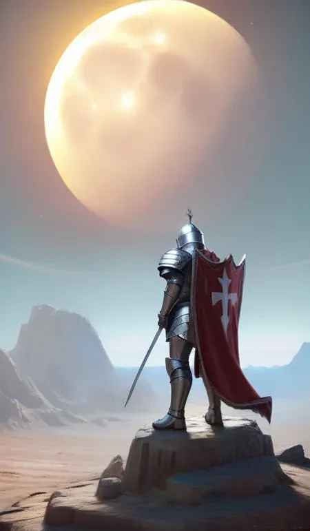 crusader in armor standing in moon crater, highly detailed, d & d, fantasy, highly detailed, digital painting, trending on artstation, concept art, sharp focus, illustration, global illumination, ray tracing, realistic shaded, art by artgerm and greg rutkowski and fuji choko and viktoria gavrilenko and hoang lap, sunny