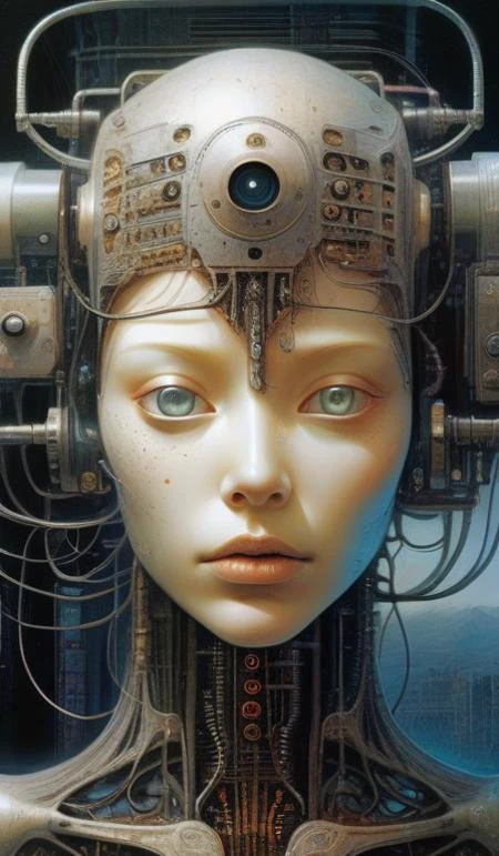 female robot pilot, mechanical creature, electronic wires relays computer nerves, girl face, dystopian surrealism, alex ries zdzisaw beksinski giger, very intricate details, demon chinese female, deep luminous eyes contain galaxies, head contains nebula, deep aesthetic, concept art, carved silver circuits diodes resistors semiconductors, highly ornate